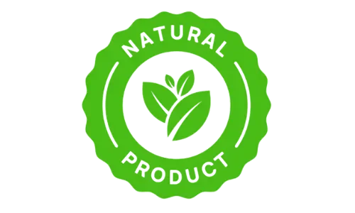 Green circular badge with a leaf icon in the center and the words ‘Natural Product’ written around it.