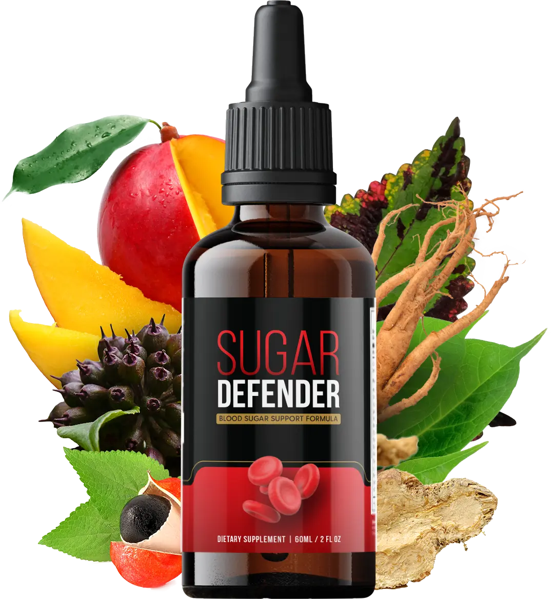 A bottle of Sugar Defender blood sugar support formula surrounded by natural ingredients like mango, ginseng, guarana, and leafy herbs, emphasizing its plant-based composition.