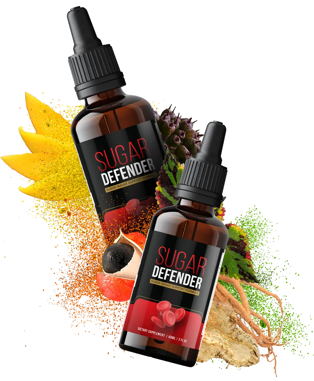 Two bottles of Sugar Defender blood sugar support formula surrounded by natural ingredients like mango, ginseng, guarana, and herbal roots, highlighting its plant-based composition.