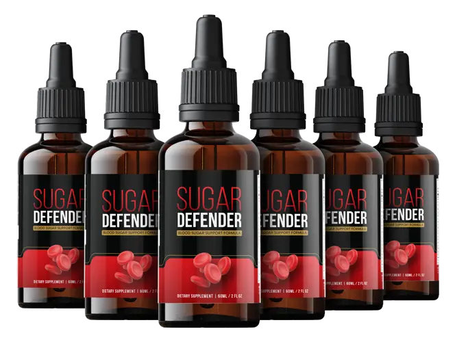 Six bottles of Sugar Defender blood sugar support formula arranged in a row, showcasing the product’s label and dropper design.