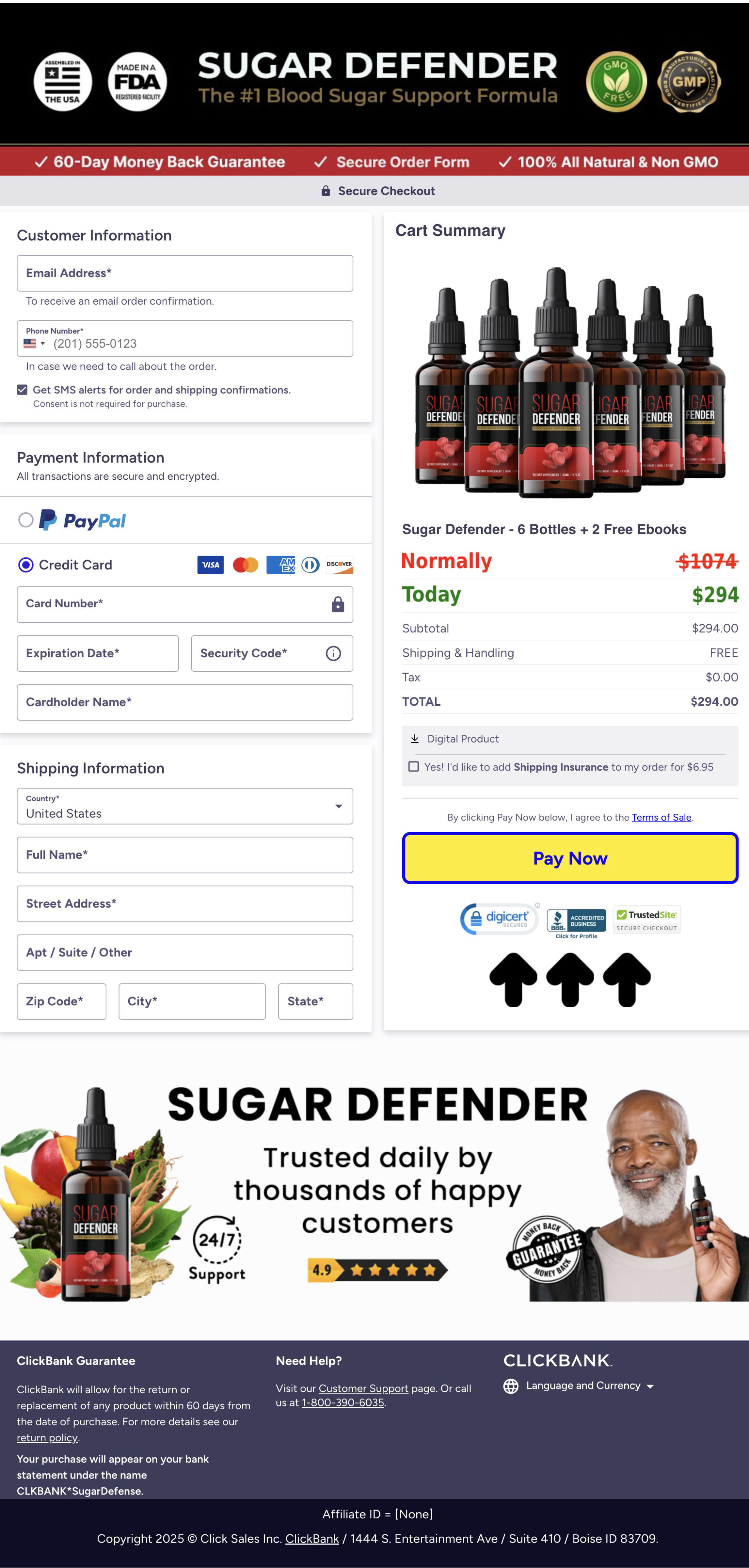 Sugar Defender secure checkout page showing a 6-bottle offer with 2 free e-books for $294 (normally $1,074) and free shipping. Includes customer and payment form, “Pay Now” button, 60-day money-back guarantee, and trust badges. Bottom section features a smiling man holding a Sugar Defender bottle with a 4.9-star rating and ClickBank guarantee.