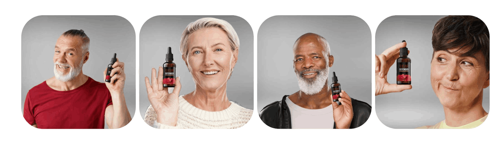 Four smiling adults, two men and two women, each holding a bottle of Sugar Defender supplement against a neutral gray background. The images show positive expressions, suggesting satisfaction and trust in the product.